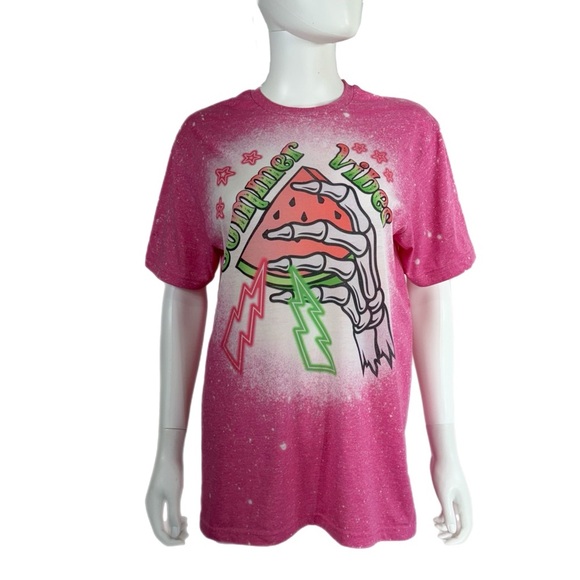 Gilden “Summer Vibes” Pink Galaxy Splatter Skeleton Watermelon Tee - Picture 1 of 7